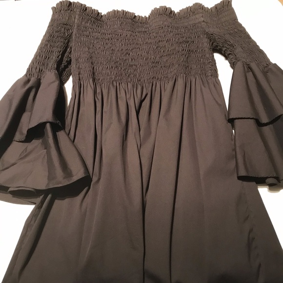 Caroline Constas Layered Bell Sleeve Smocked Off Shoulder Mini Dress in BLACK - Picture 2 of 9